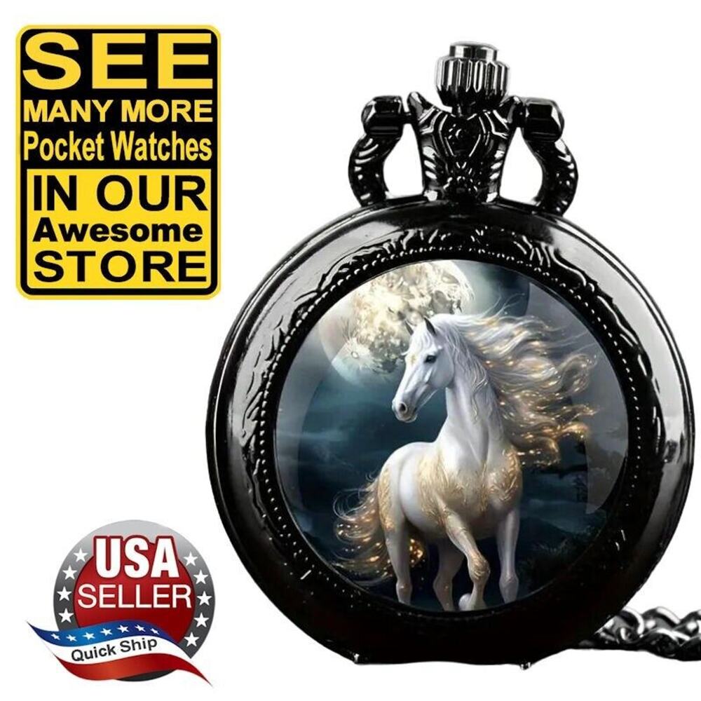 White Arab Horse Quartz Pocket Watch • Flowing Mane & Tail • Full Moon • Pendant